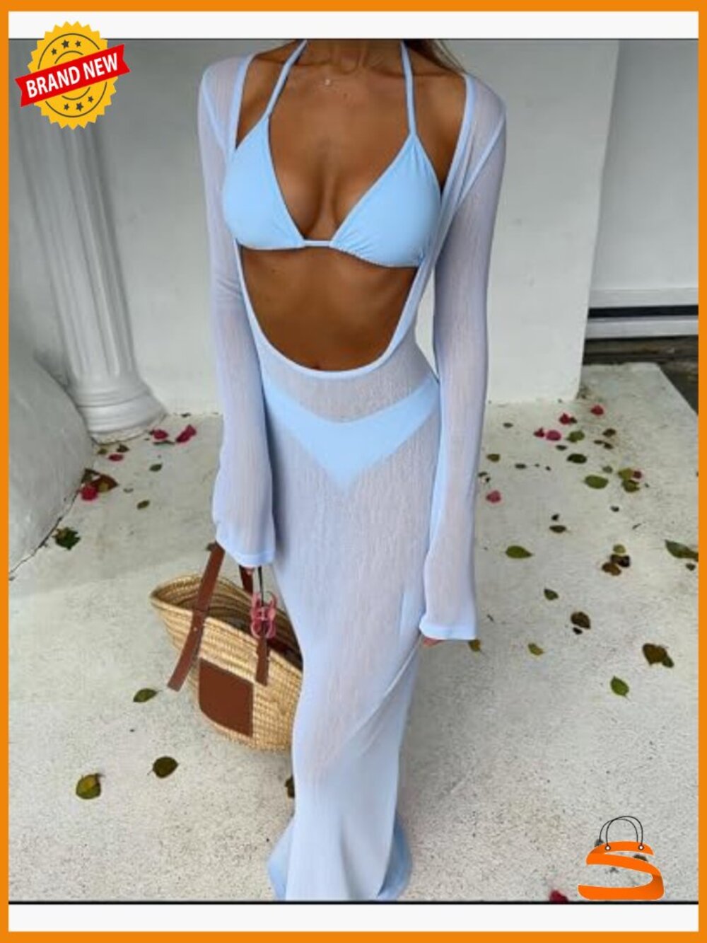 Sexy Halter Triangle Thong Bikini Set with Sheer Mesh Cover Up Dress - Picture 3 of 7
